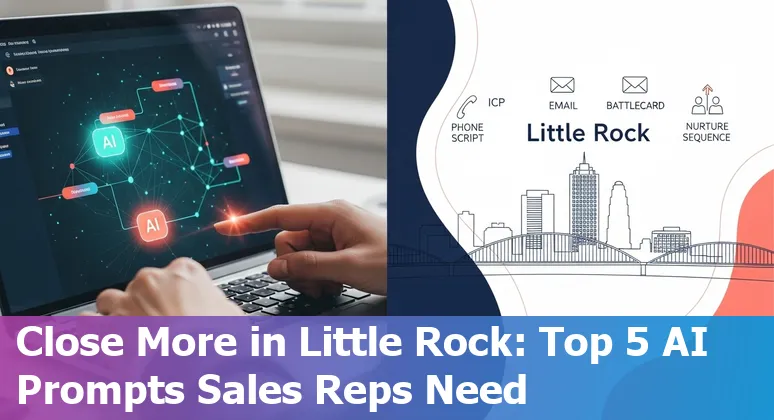 Sales professional using AI prompts on laptop with Little Rock skyline and Arkansas state icons in the background