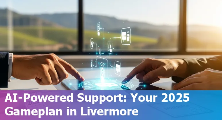 Customer service professional using AI tools in Livermore, California in 2025, with local landmarks in the background.