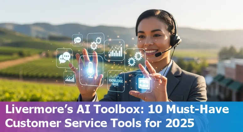 Collage of AI customer service tools logos with Livermore, California skyline in the background