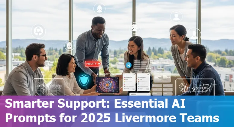 Customer service rep using AI prompts on a laptop with Livermore vineyards in the background