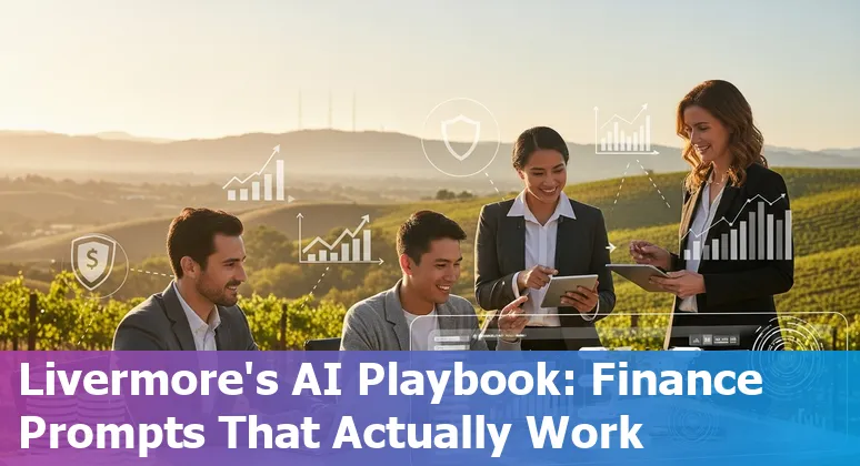 People using AI tools on laptops for financial dashboards and local Livermore landmarks in background.