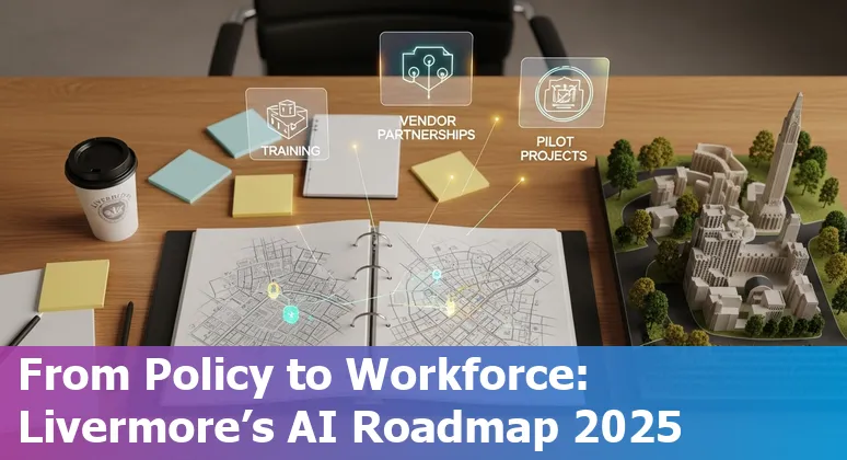 Livermore, California, US city hall with AI/tech overlay illustrating government AI adoption in 2025