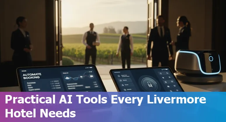 Hotel lobby with AI-powered check-in kiosk and Livermore, California sunset visible — hospitality AI in Livermore, California 2025