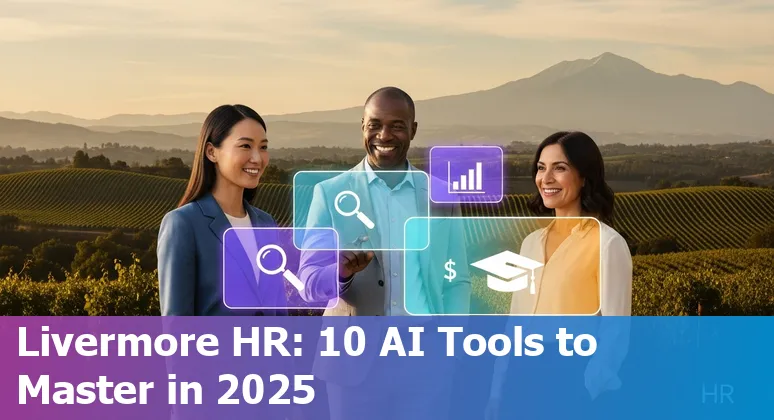 Collage of AI icons and HR tools logos with Livermore map pin, 2025 HR tech concept.
