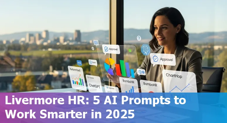 Livermore HR professional using AI prompts on laptop with icons for PerformYard, ChatGPT, BambooHR, Google Forms, and ChartHop