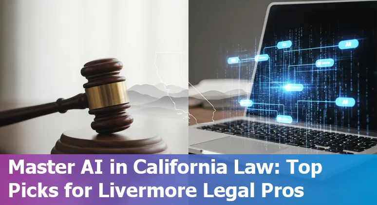 Livermore legal professional using AI tools on laptop; icons of Casetext, ChatGPT, Claude, Gavel.io, Spellbook, Diligen, Ontra, David AI, Smith.ai, Harvey AI.