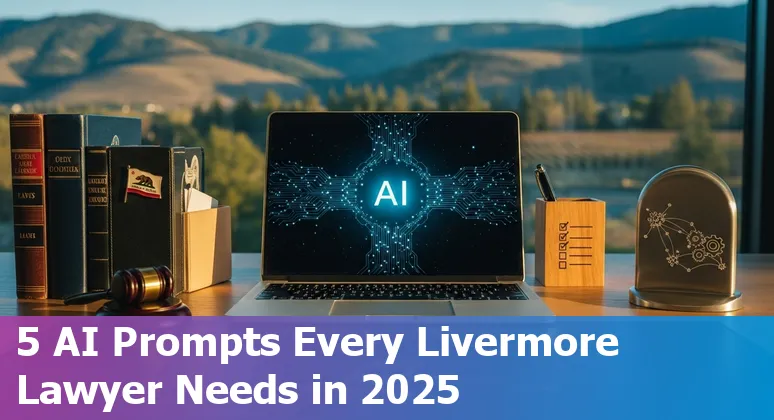 Livermore lawyer using AI tools: laptop showing legal prompts and California map in background