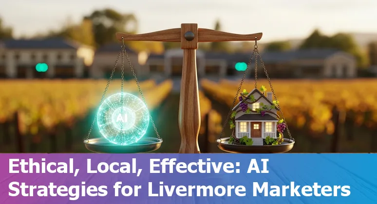 Marketing professional using AI tools on a laptop with a Livermore, California skyline in 2025 in the background
