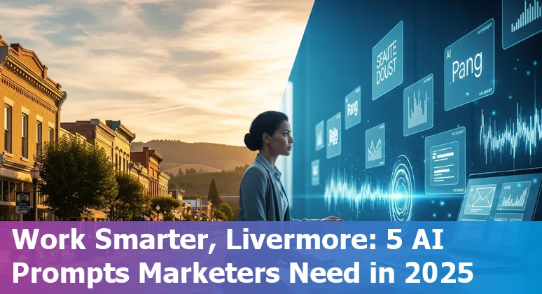 Marketing professional using AI prompts on a laptop with Livermore vineyards in the background
