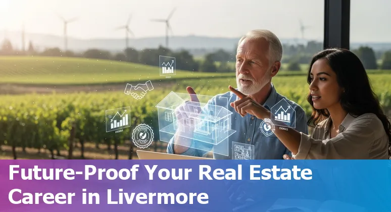 Livermore downtown with real estate signs and AI digital overlay