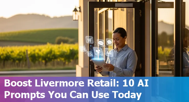 Retail storefront in Livermore with AI icons showing recommendations, AR furniture, and inventory graphs.