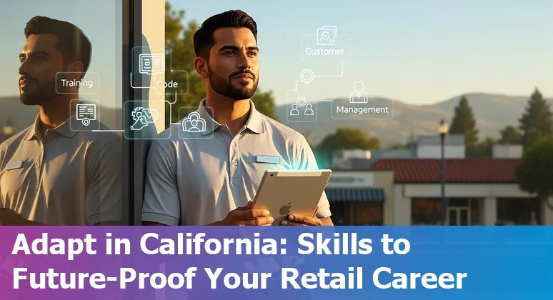 Shoppers and retail workers in Livermore with icons representing AI automation and training resources.