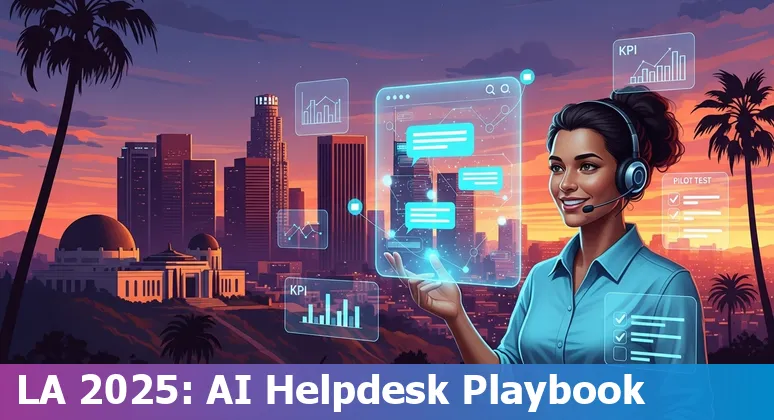 Customer service agent with AI chatbot dashboard in Los Angeles, California skyline background