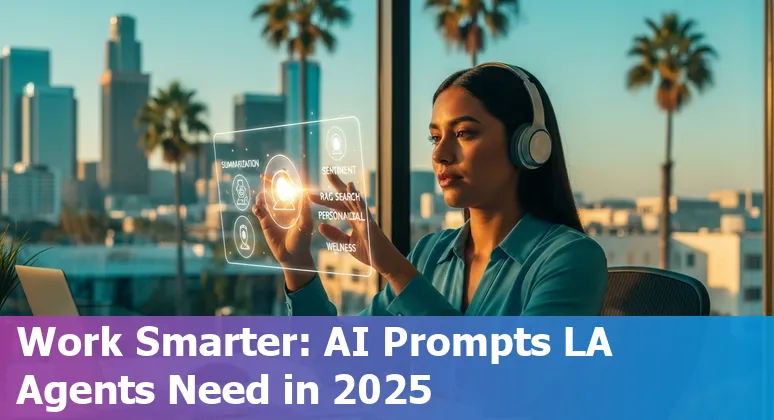Customer service agent using AI prompts on a laptop in a Los Angeles office with a skyline view.