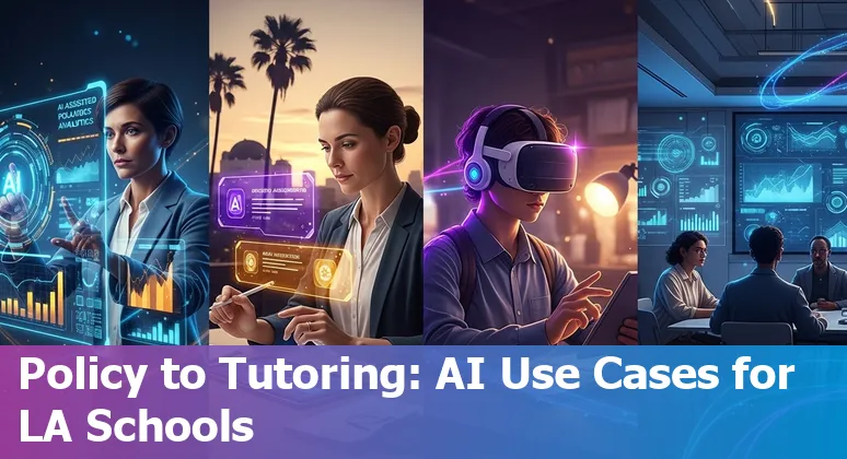 Students and educators in Los Angeles using AI tools in classroom, with LA skyline in background
