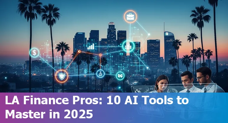Finance professional using AI tools dashboard in Los Angeles office with city skyline visible.