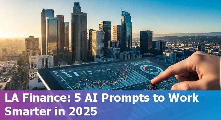 Los Angeles finance professional using AI prompts on a laptop with city skyline in background.
