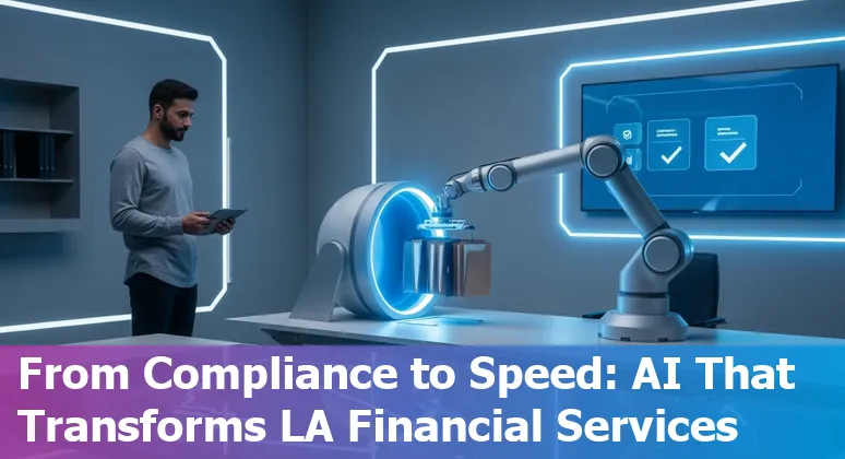 Los Angeles financial services team using AI tools on laptops, California skyline visible