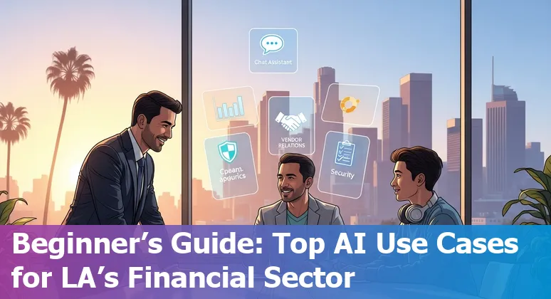 Illustration of AI-driven financial services in Los Angeles skyline with icons for chatbots, fraud detection, trading, and compliance.
