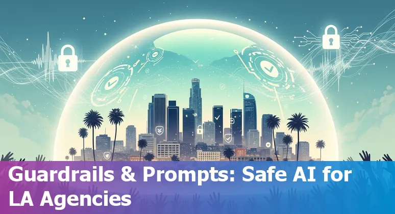 Illustration of Los Angeles skyline with AI icons representing chatbots, maps, and documents.