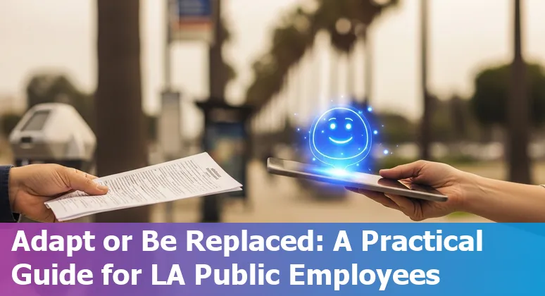 Los Angeles city workers using laptops with an AI digital overlay representing automation risk and adaptation steps.
