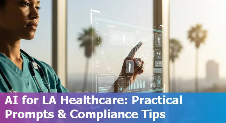 Healthcare worker using AI prompts on a tablet in a Los Angeles clinic, with LA skyline in background.