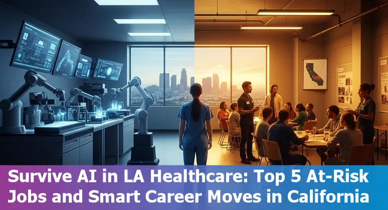 Healthcare workers in Los Angeles with AI icons overlay — scheduling, radiology, pharmacy, call center, and documentation tasks.