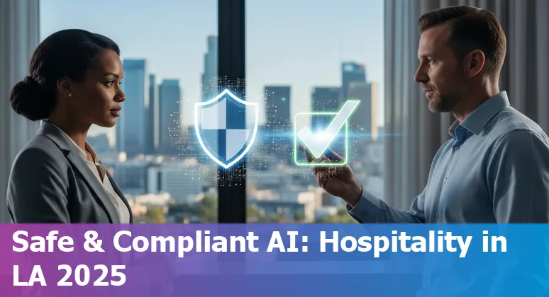 Hotel lobby with AI dashboard and robots serving guests in Los Angeles, California in 2025