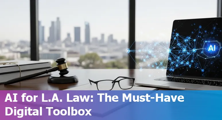 Lawyer in Los Angeles using AI tools on laptop with LA skyline in background