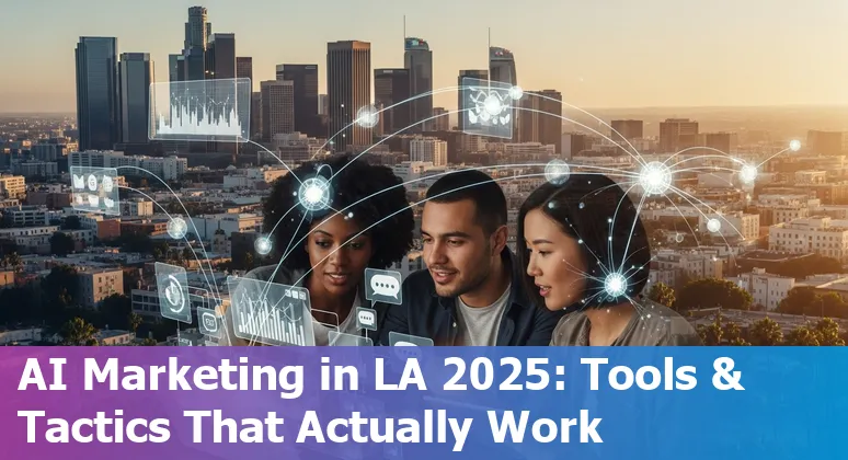 Marketing professional using AI tools in Los Angeles, California skyline background