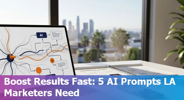 Los Angeles marketer using AI prompts on laptop with LA skyline and icons for campaign briefs, SEO, personas, video, and calendar.