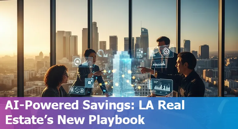 Los Angeles real estate skyline with AI icons showing cost savings and efficiency in California