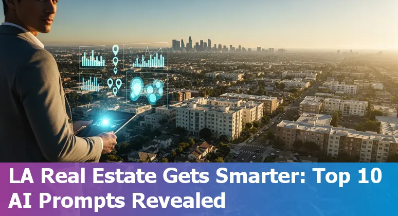 Los Angeles real estate skyline with AI data overlays showing heatmaps, property photos, and marketing icons.
