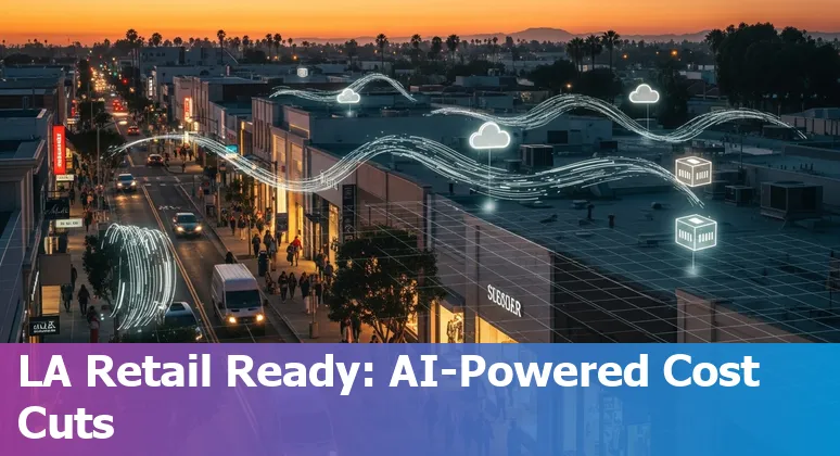 Illustration of AI optimizing retail operations in Los Angeles, California (stores, warehouse, delivery).