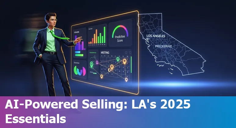 Sales professional in Los Angeles using AI sales tools like Gong and Clari on laptop with LA skyline in background