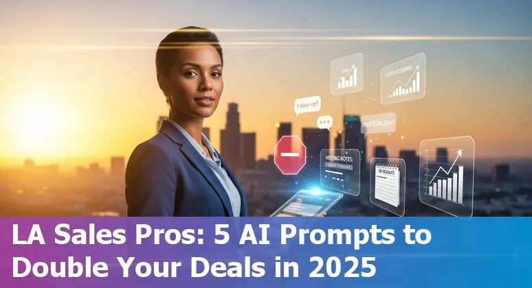 Sales professional using AI prompts on laptop with Los Angeles skyline in background