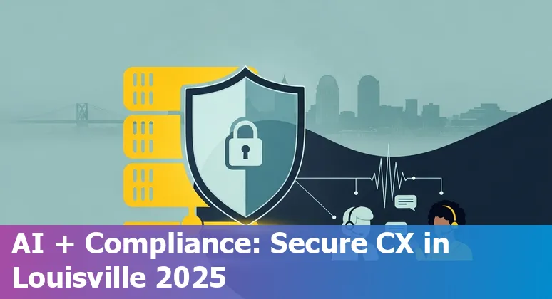 Customer service AI chat on laptop with Louisville, Kentucky skyline visible — 2025 guide image