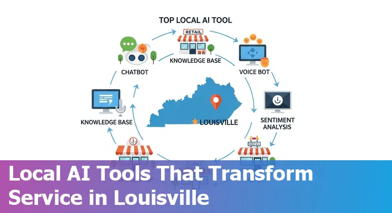 Customer service professional using AI chat tools on a laptop in Louisville office with city skyline.