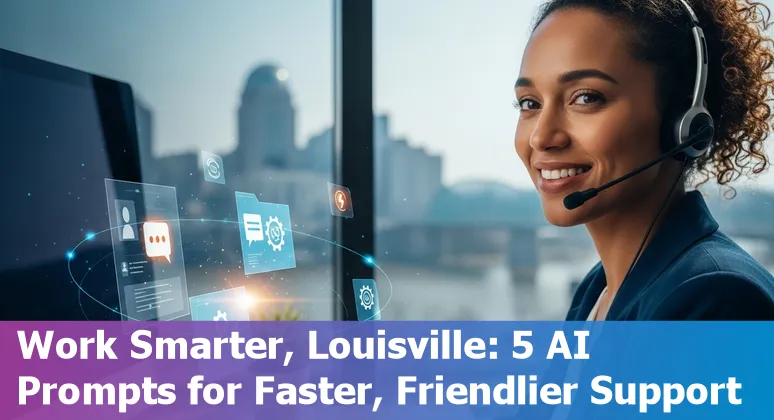 Customer service agent using AI prompts on a laptop in Louisville office with city skyline in background