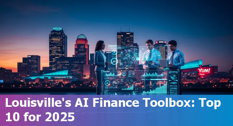 Collage of finance professionals in Louisville using AI tools like Arya.ai Apex and AlphaSense on laptops with bourbon barrel background.