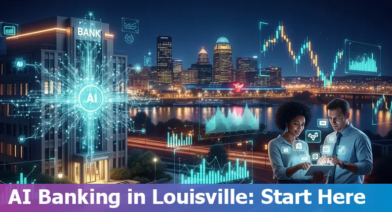 An illustrative infographic of AI in financial services with Louisville, KY skyline and icons for multimodal AI, banks, and education.