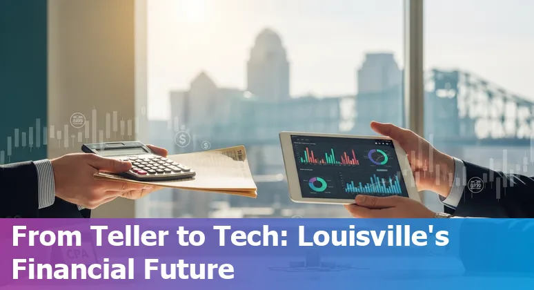 Louisville skyline with financial icons and AI automation symbols overlaid.