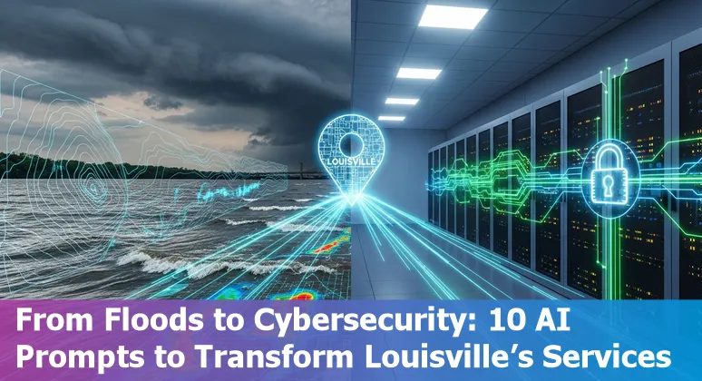 Map of Louisville with AI icons for cybersecurity, healthcare, traffic, and flood monitoring.