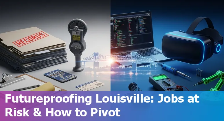 City of Louisville clerk working at a desk with AI icons overlay, symbolizing automation risk and retraining opportunities.