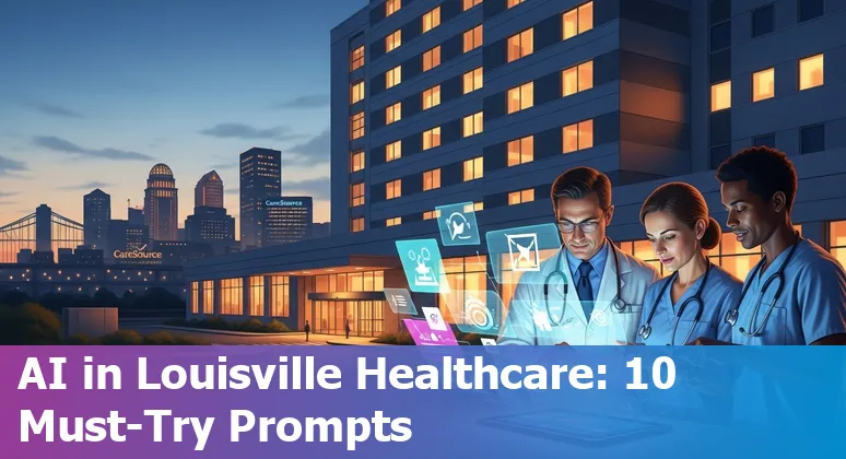 Healthcare worker with tablet showing AI-assisted dashboard in Louisville hospital courtyard