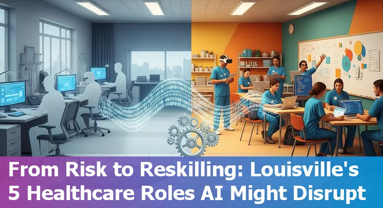Healthcare worker using AI tools with Louisville skyline in background, representing job shift and adaptation.