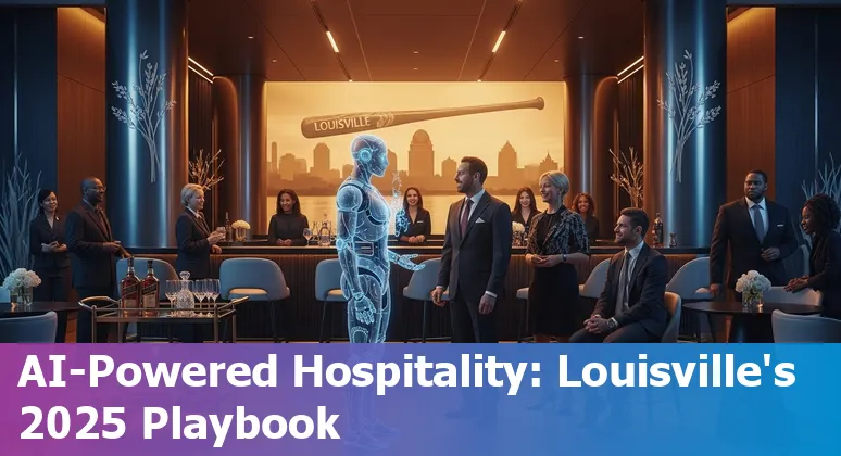 Hotel staff using AI tools with Louisville, Kentucky skyline visible — AI in hospitality 2025 image