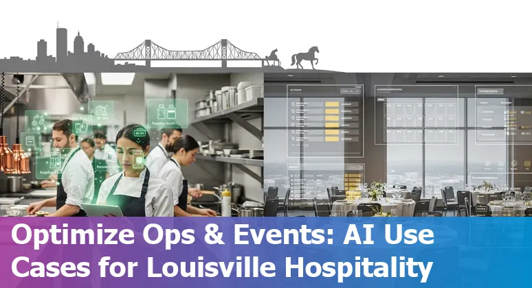 Hotel lobby in Louisville with AI icons overlay showing guest messaging, pricing, events and operations.