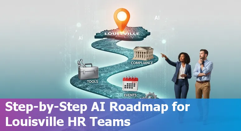 HR professional using AI tools in an office with a Louisville, Kentucky skyline visible, 2025