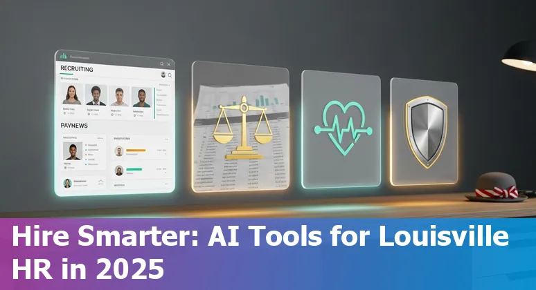 Collage of AI tools icons and Louisville skyline representing HR tech for 2025.